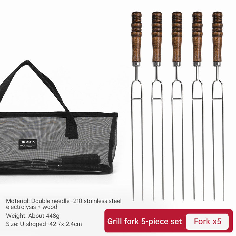 Outdoor Grill Grill Fork Wood Handle U Type Grill Pin Stainless Steel Grill Stick Wood Handle U Type Roast Pin Picnic Grill Meat - Korvel