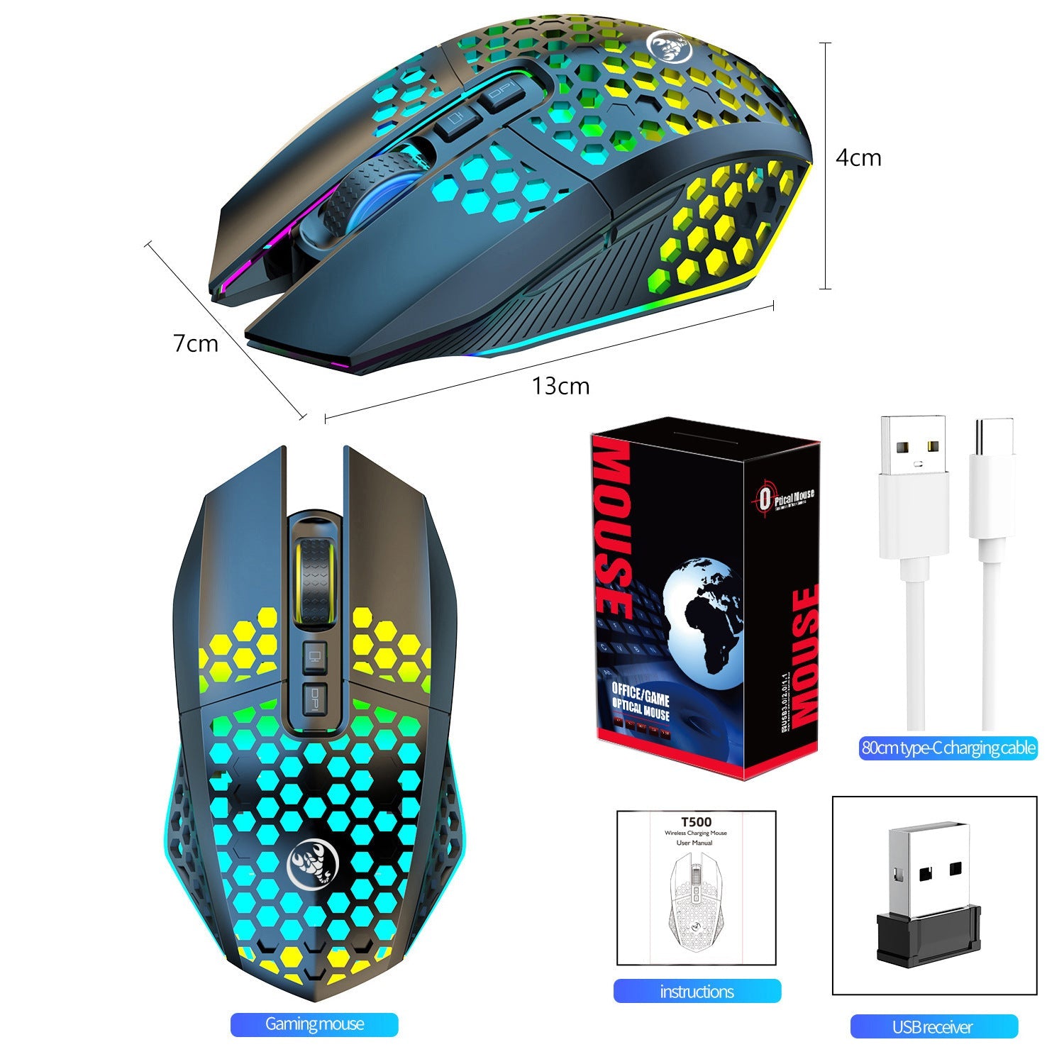 Lightweight hollow hole mouse, wireless rechargeable gaming light emitting computer, laptop, office mouse - Korvel