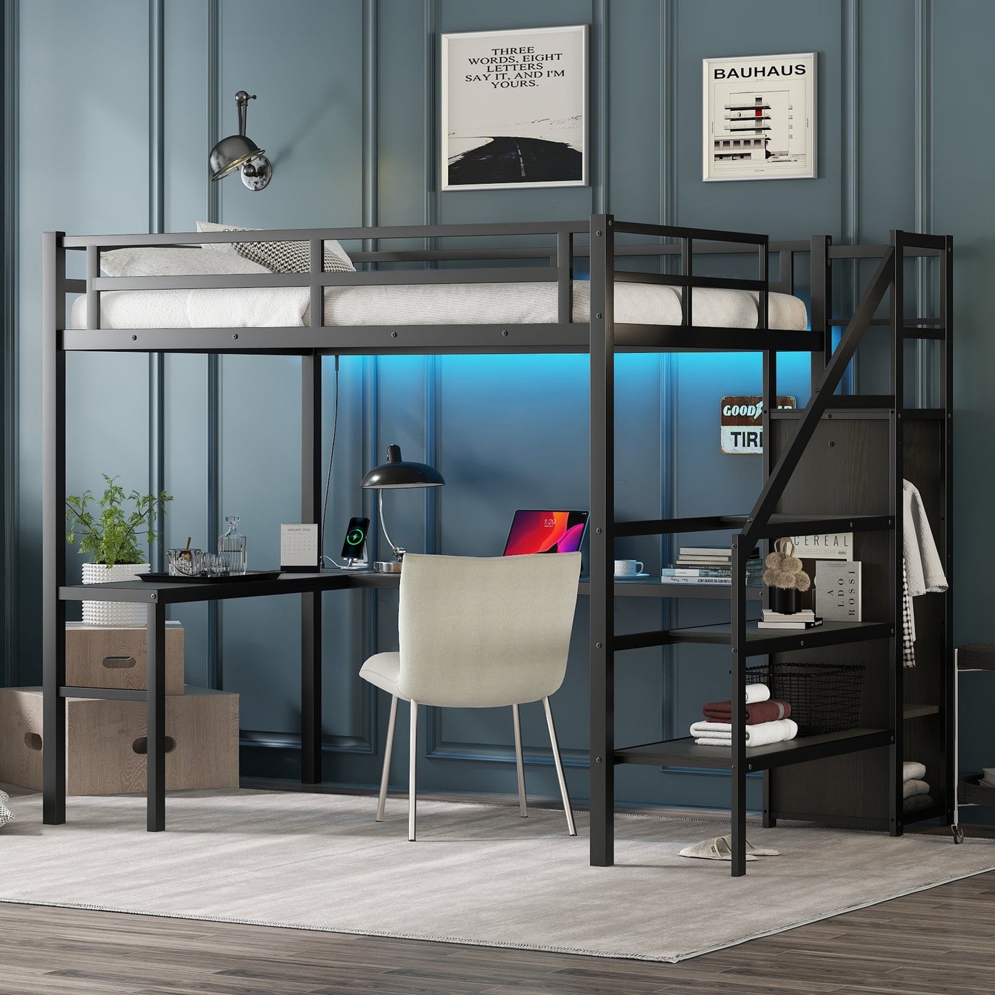 Cama Loft de Tamaño Completo con Escritorio en L y USB - Negro