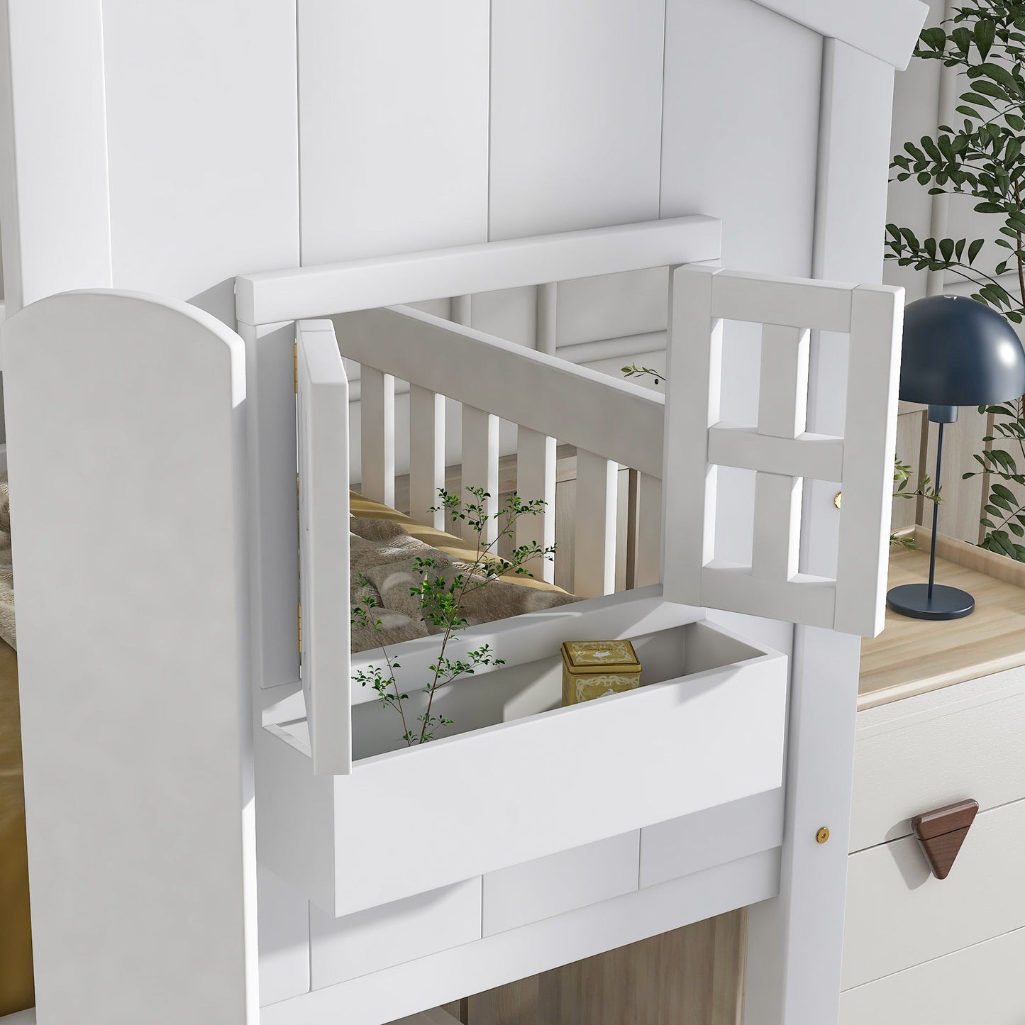 Twin over Twin House Bunk Bed with Roof , Window, Window Box, Door , with Safety Guardrails and Ladder,White - Korvel