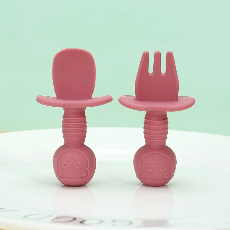 Licking Spoon for Baby Learning to Eat Training Spoon Short Handle Baby Supplementary Food Silicone Soft Spoon Fork Spoon Tableware 2-piece Set - Korvel