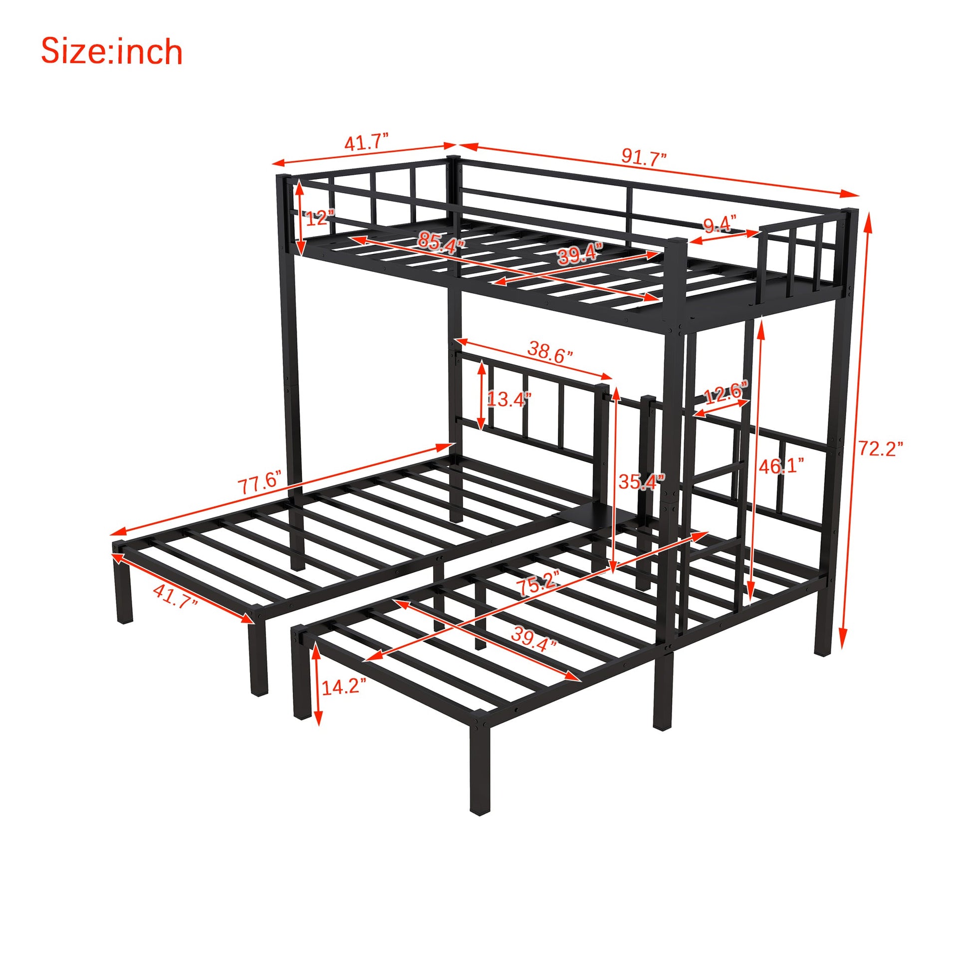Twin over Twin & Twin Bunk Beds for 3, Twin XL over Twin & Twin Bunk Bed Metal Triple Bunk Bed, Black - Korvel