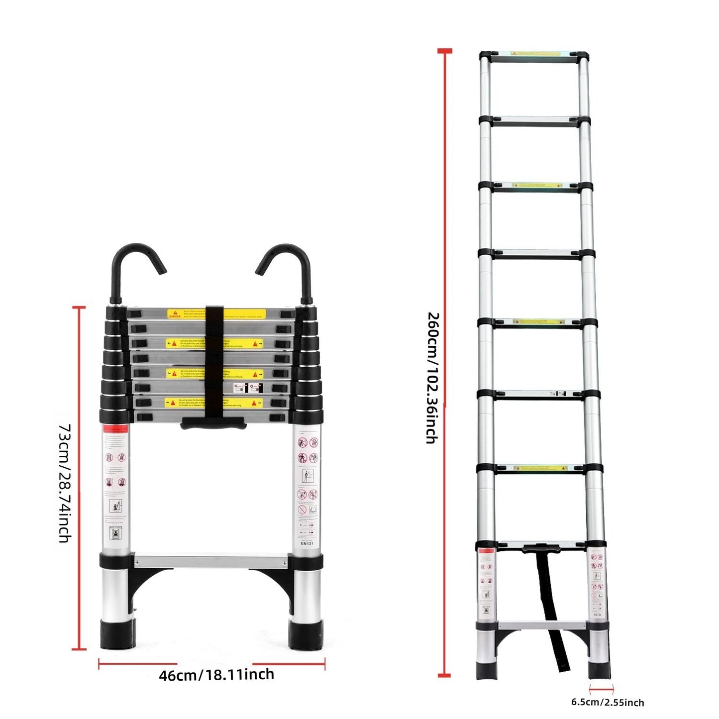 Échelle télescopique en aluminium polyvalente de 8,5 pieds avec crochets