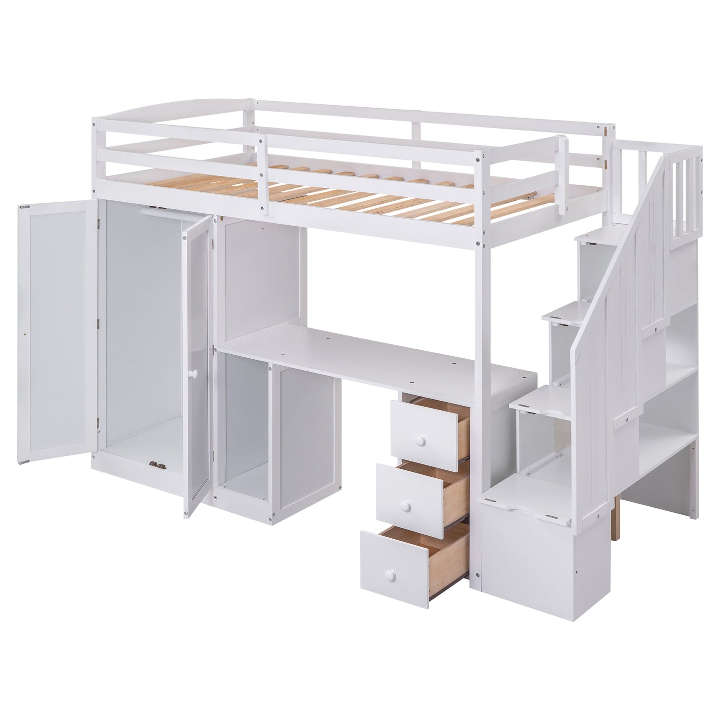 Elegant Twin Size Loft Bed with Wardrobe and Desk in White