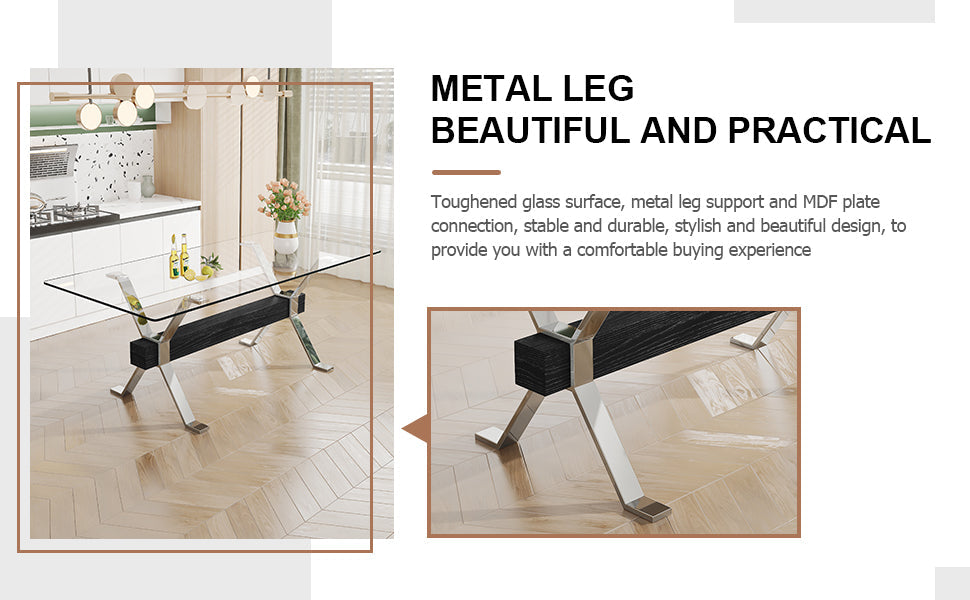 Dining table Modern tempered glass dining table Large modern office desk with silver plated metal legs and MDF crossbars - Korvel