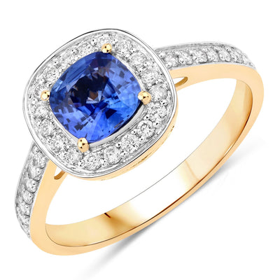 1.31 Carat Blue Sapphire & Diamond 18K Yellow Gold Engagement Ring