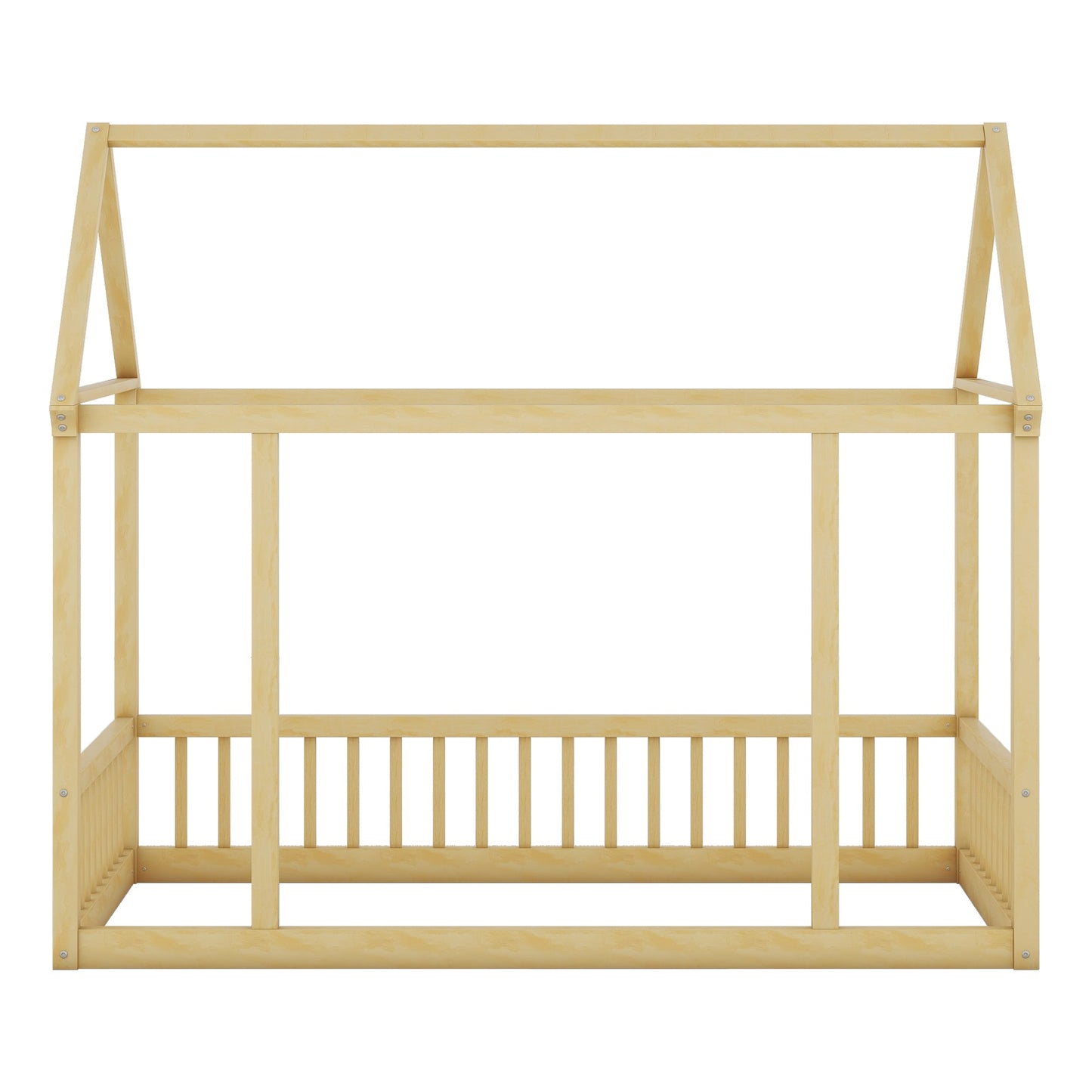 Twin Size Floor Wooden Bed with House Roof Frame and Safety Guardrails,Natural - Korvel