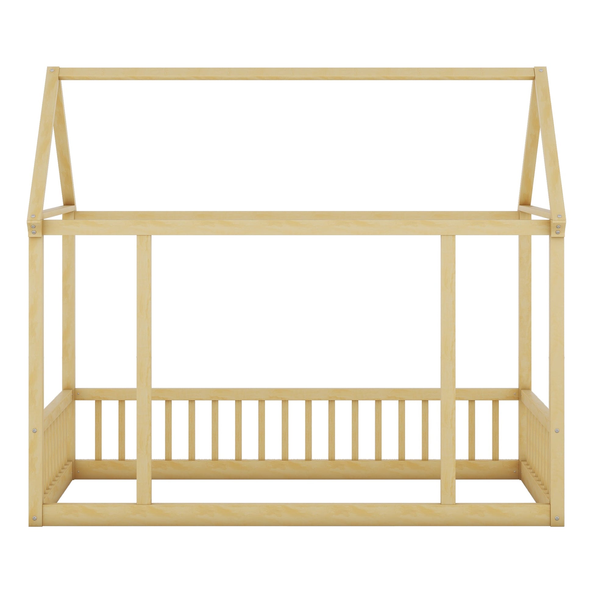Twin Size Floor Wooden Bed with House Roof Frame and Safety Guardrails,Natural - Korvel