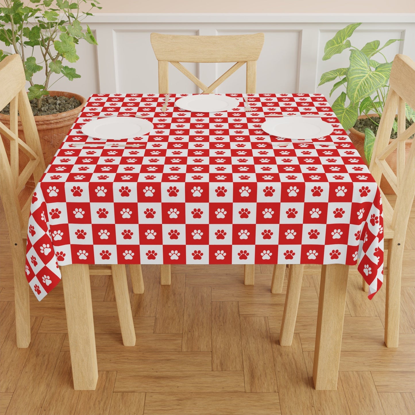 Charming Red & White Paw Print Tablecloth - Korvel