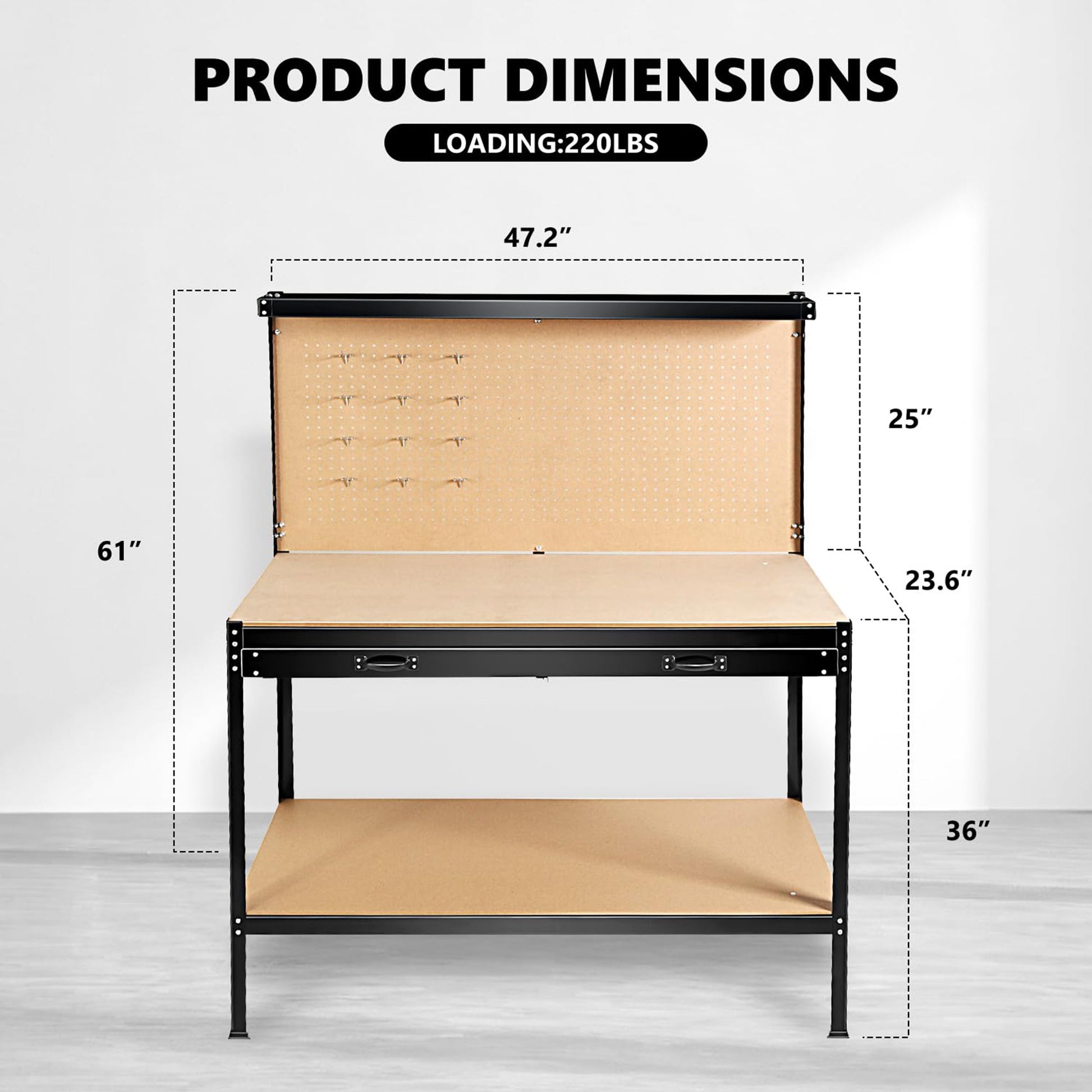 63" Tools Cabinet Working Tables Workbench Tool Storage Workshop Table with Drawers and Pegboard - Korvel