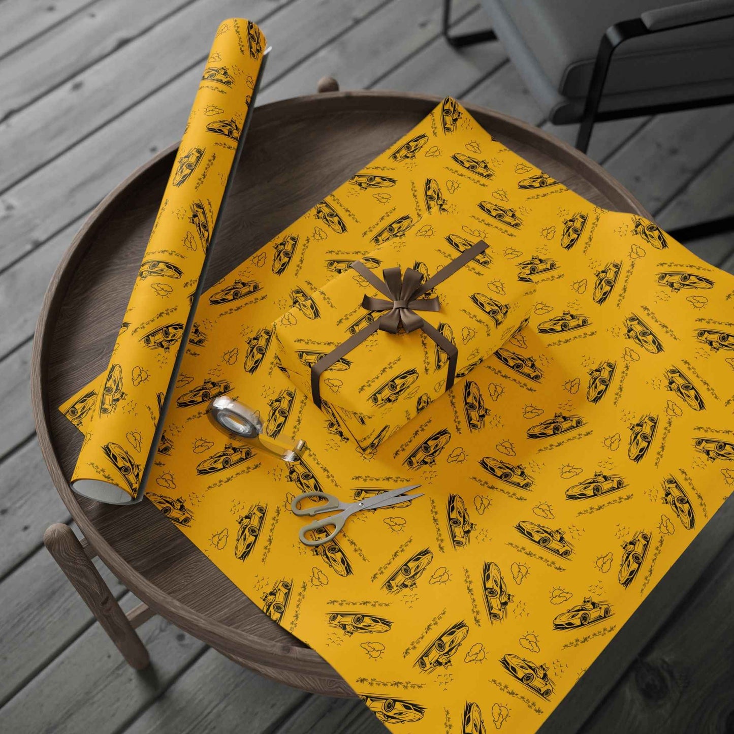 Zoomies Road Trip Cat Wrapping Paper - Golden Sketch Design