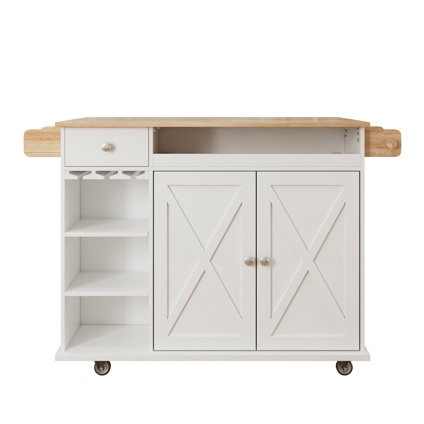 44 Inch Kitchen Island Cart with Solid Wood Top, Wine Storage, Spice Rack, Towel Rack, Wine Glass Holder White & Oak - Korvel