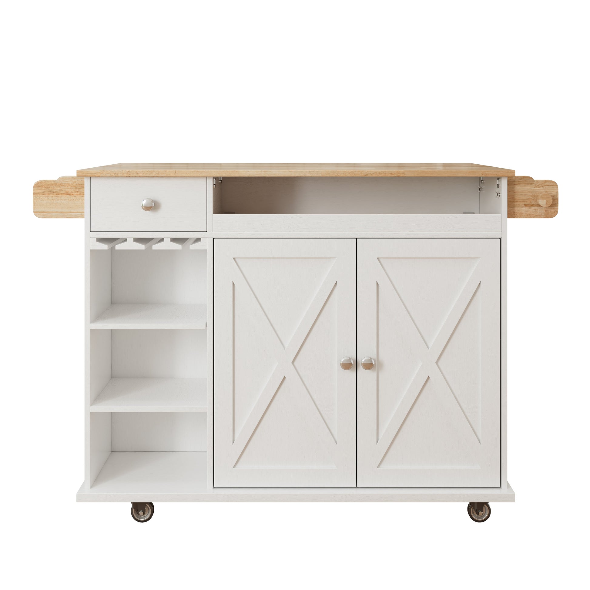 44 Inch Kitchen Island Cart with Solid Wood Top, Wine Storage, Spice Rack, Towel Rack, Wine Glass Holder White & Oak - Korvel