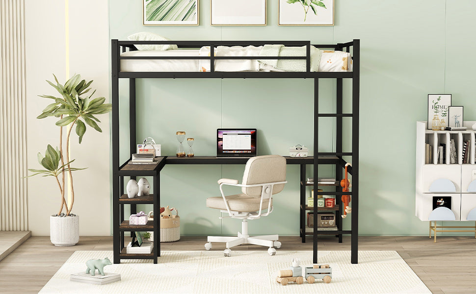 Full Metal Loft Bed with Desk and Shelves, Loft Bed with Ladder and Guardrails, Loft Bed Frame for Bedroom, Black - Korvel