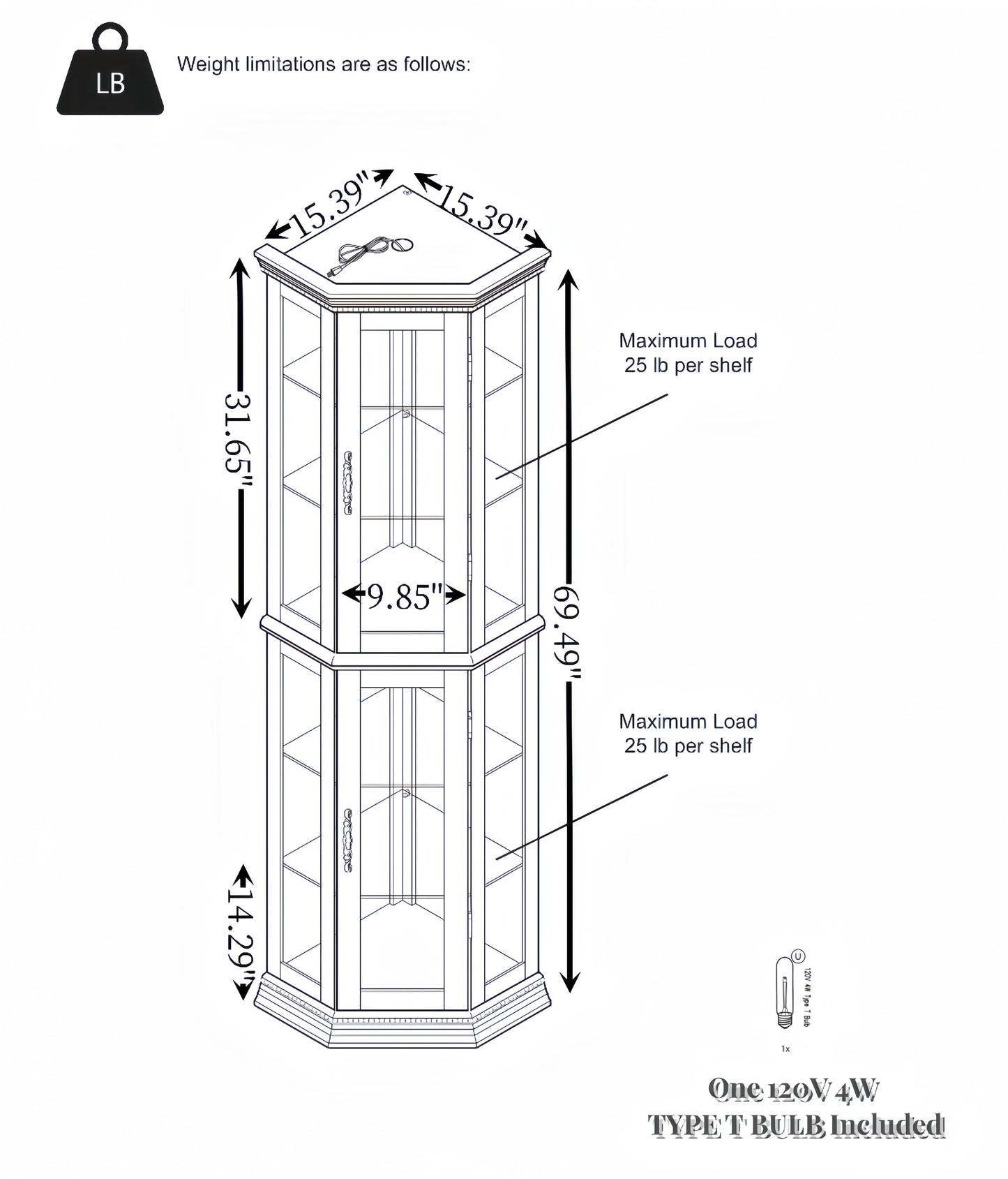 Corner Curio cabinet with illuminated glass display stand and tempered glass door, with adjustable bracket and light bulb - Korvel