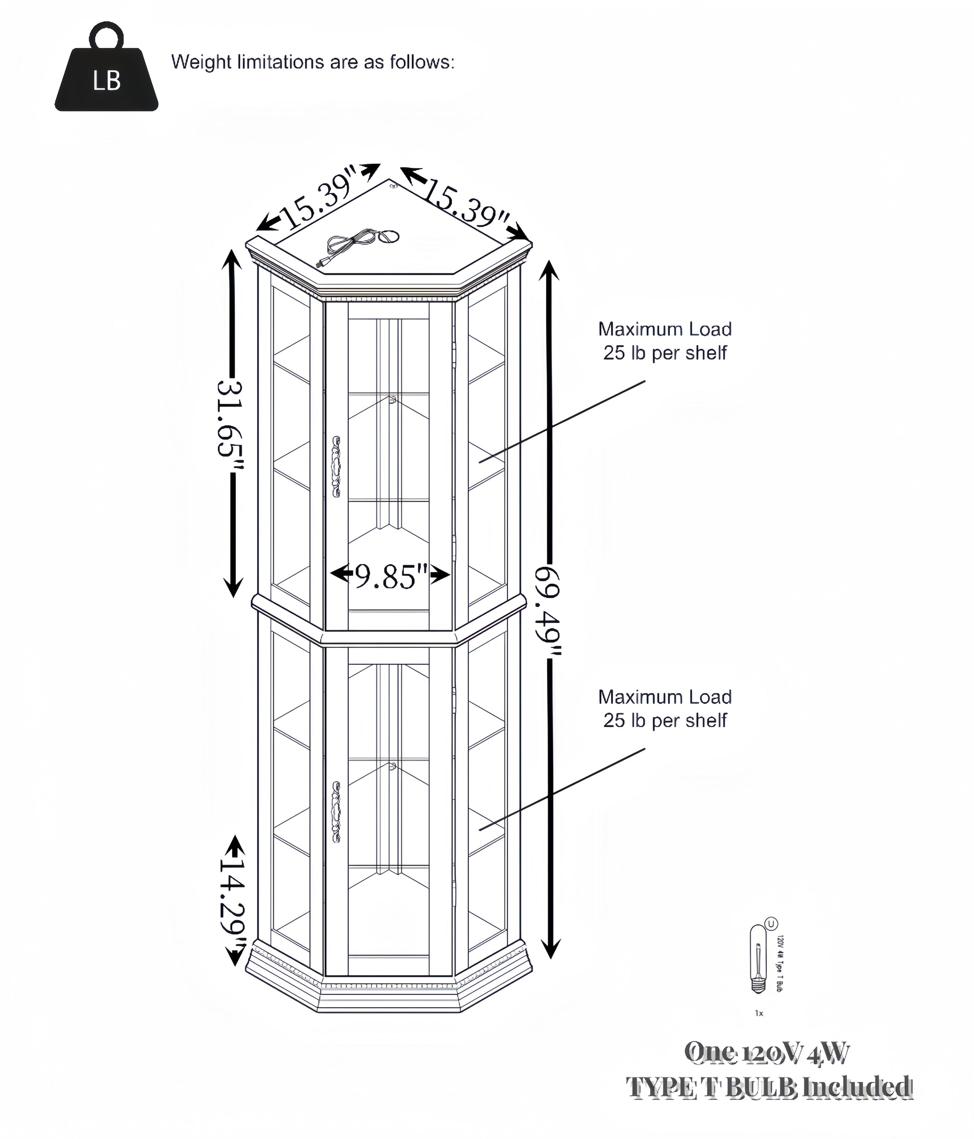 Corner Curio cabinet with illuminated glass display stand and tempered glass door, with adjustable bracket and light bulb - Korvel