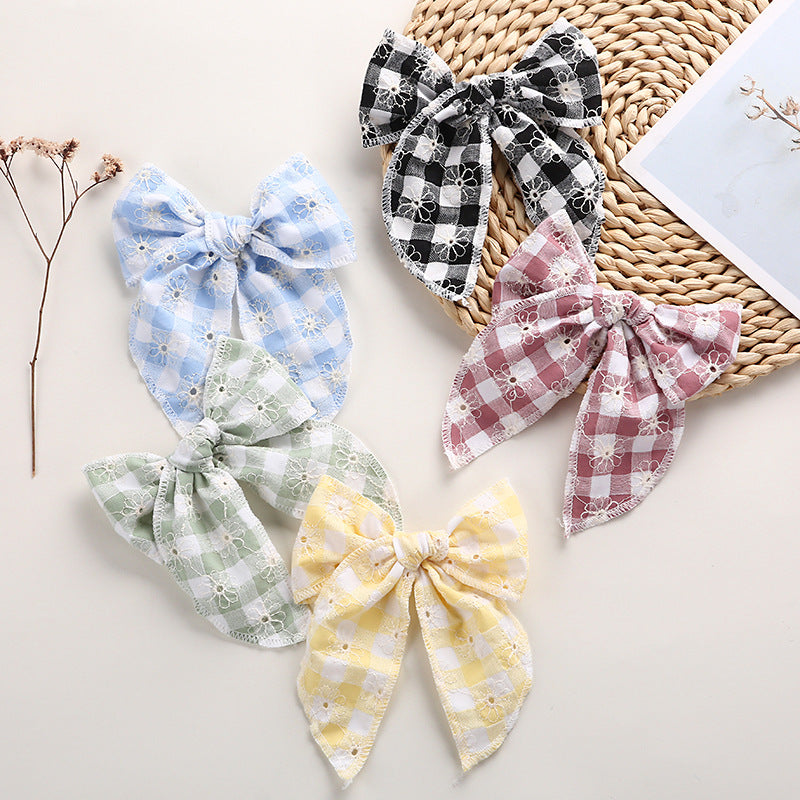 Children's Headwear Girl Plaid Cotton Embroidery Bow Hairpin Big Swallowtail Hairpin - Korvel