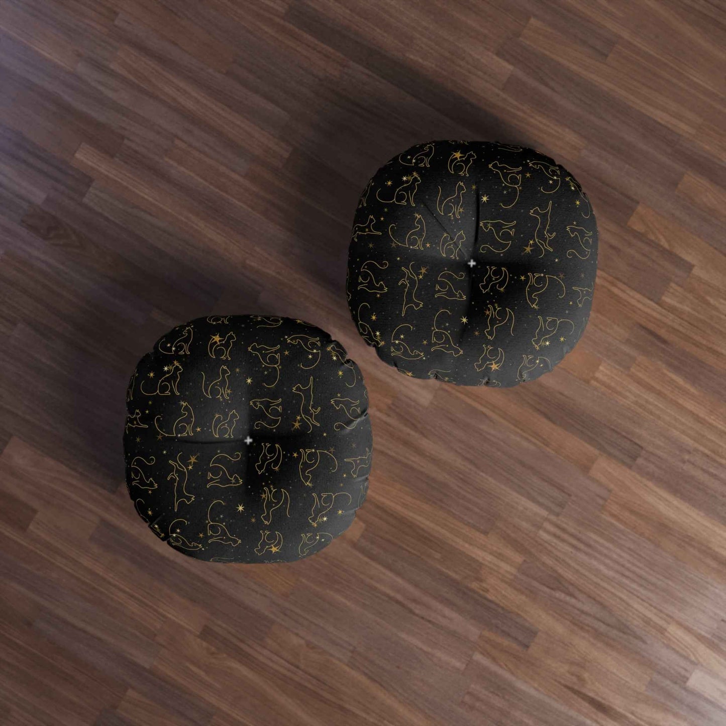 Cojín de Suelo Tufted con Gatos de Línea en Foil Dorado - Negro
