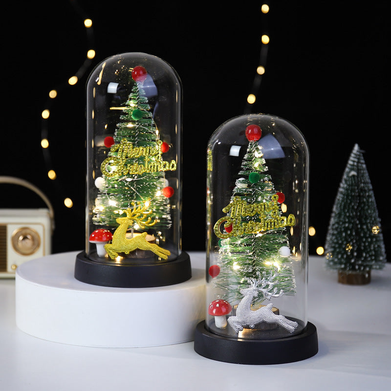 Christmas Gift LED Light Illumination Decorative Ornament Mini Christmas Tree Deer Glass Cover - Korvel