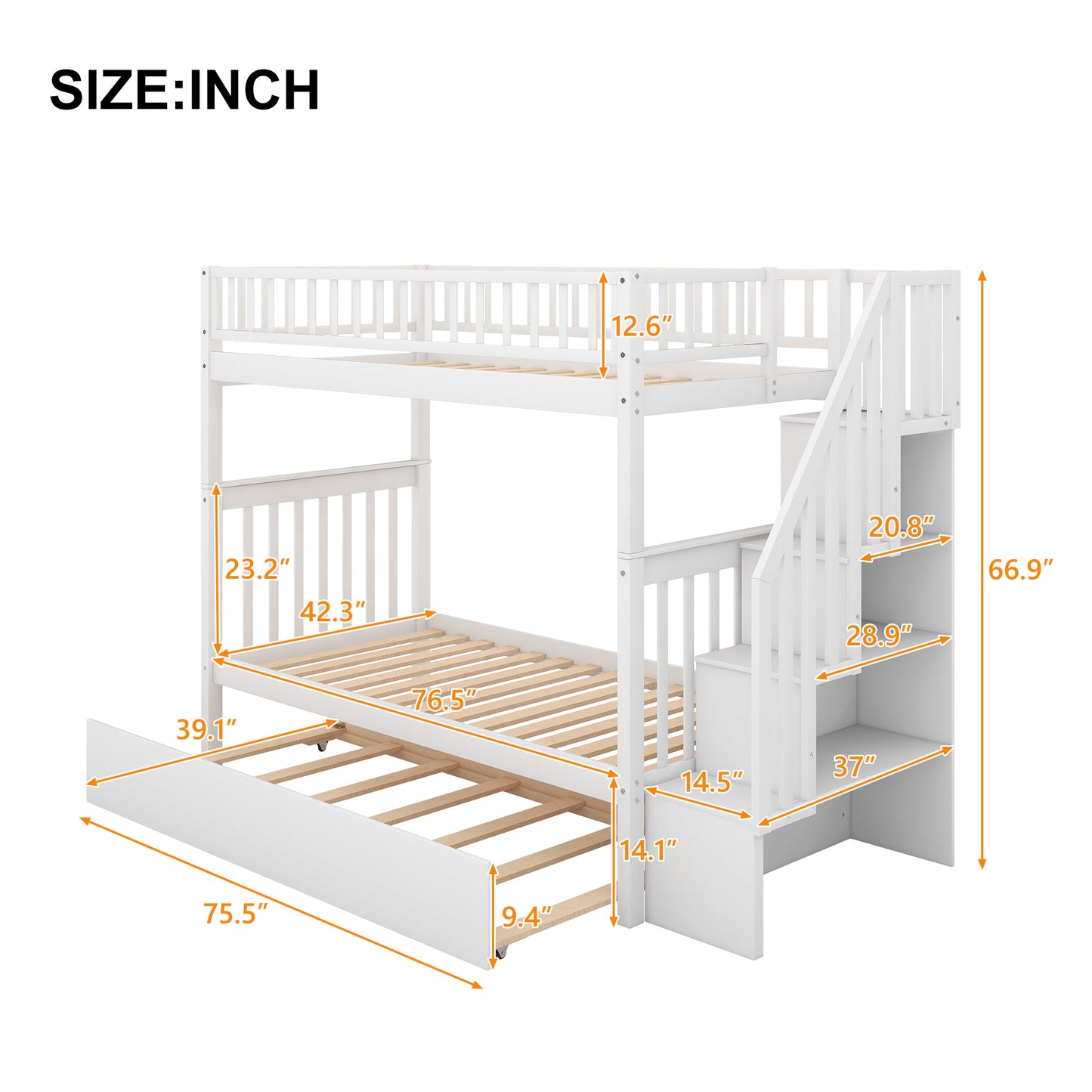Twin over Twin Bunk Bed with Trundle and Storage  White - Korvel