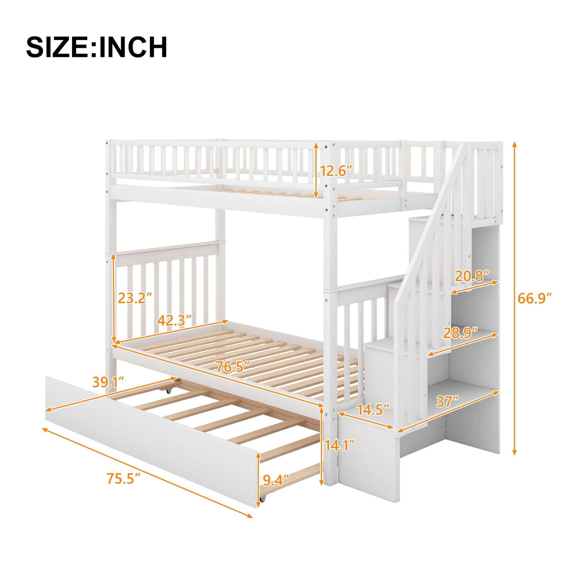 Twin over Twin Bunk Bed with Trundle and Storage  White - Korvel