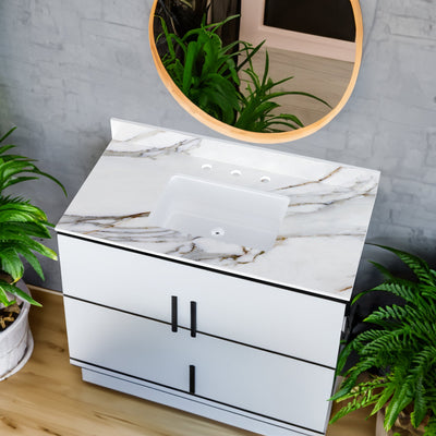 43 inch marble countertop with base rectangular central sink and 4-inch high splash guard, pre drilled 8-inch faucet hole ，white - Korvel
