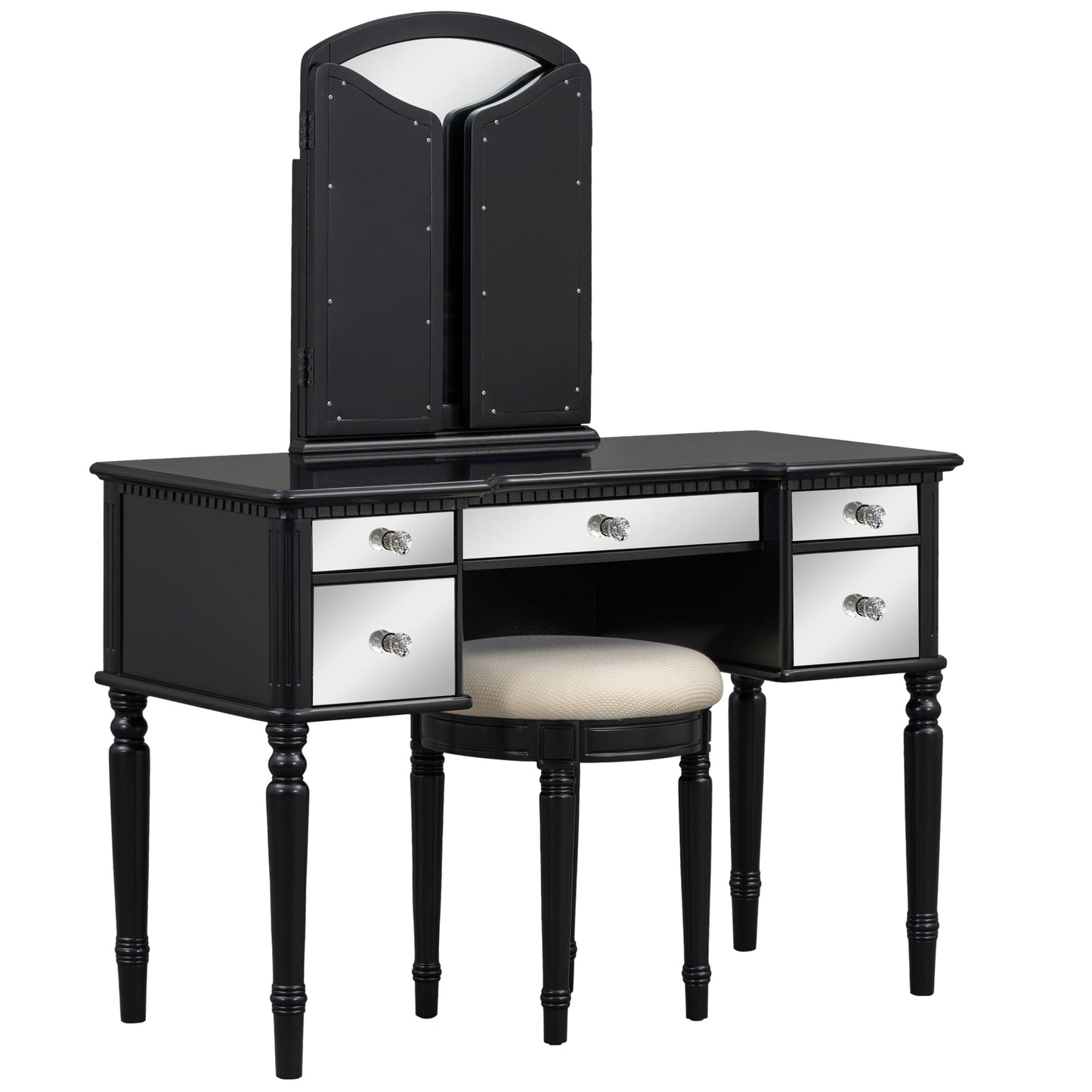 GO 43" Dressing Table Set with Mirrored Drawers and Stool, Tri-fold Mirror, Makeup Vanity Set for Bedroom, Black - Korvel