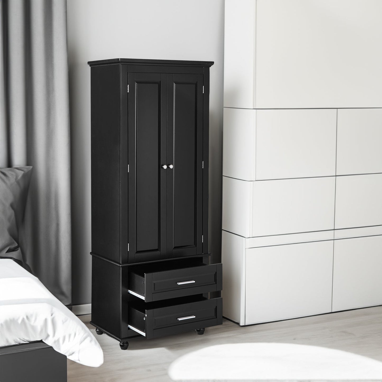 Tall Storage Cabinet with Two Drawers for Bathroom/Office, Black - Korvel