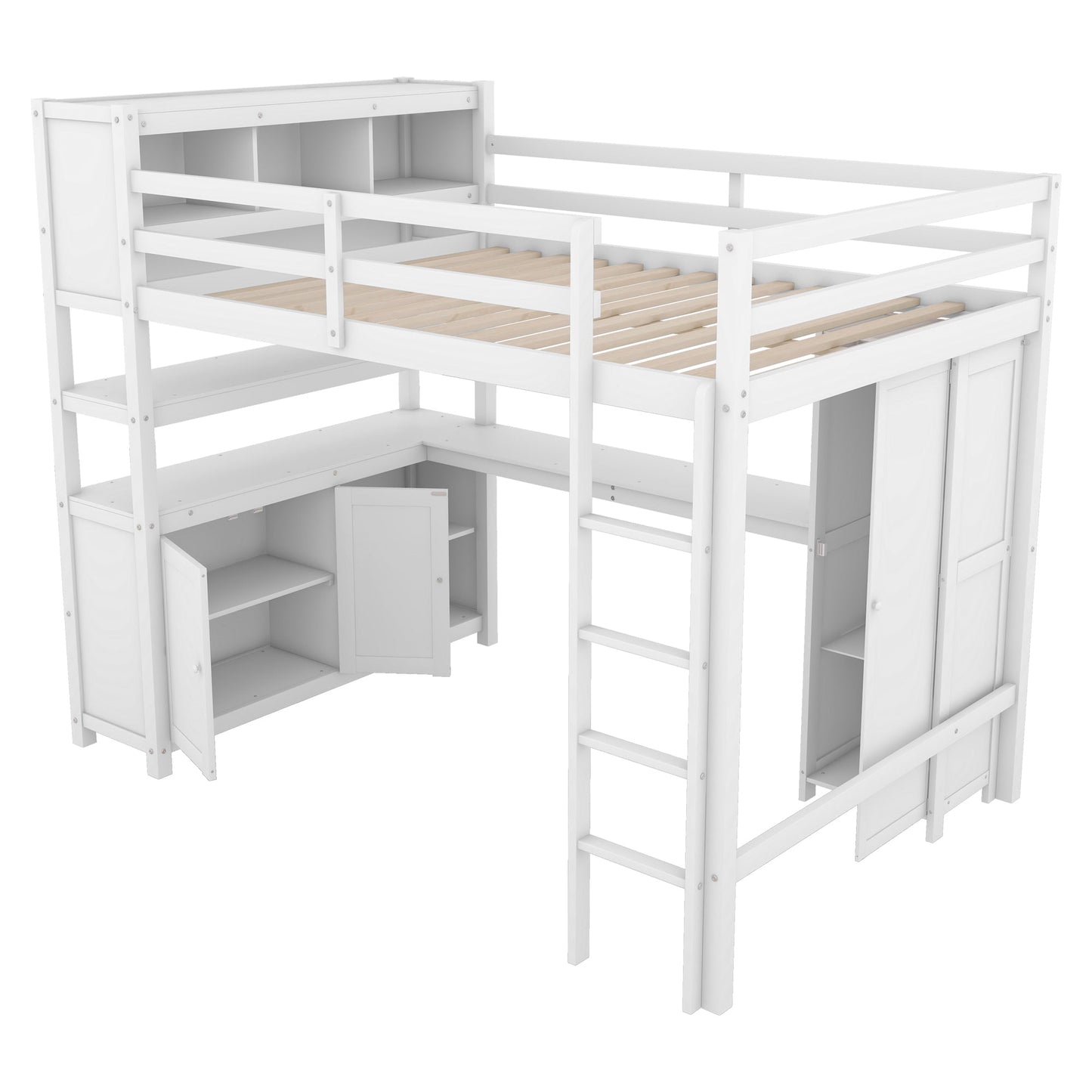 Wood Loft Bed with Cabinet and Bookshelf, Full Size Loft with Wardrobe and Desk for Kids,White - Korvel