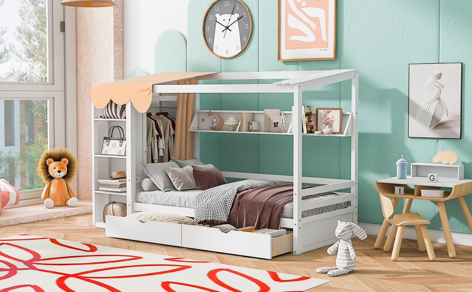 Twin Size House Bed with Two Drawers and Wardrobe - White