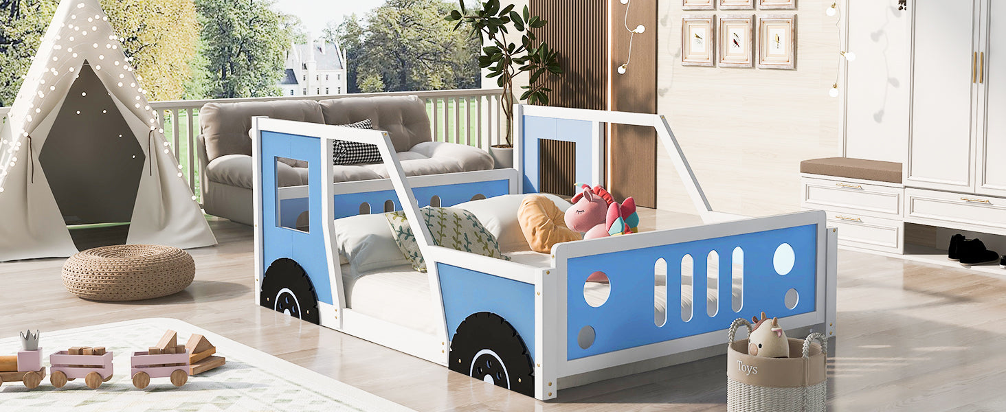 Full Size Classic Car-Shaped Platform Bed with Wheels,Blue - Korvel