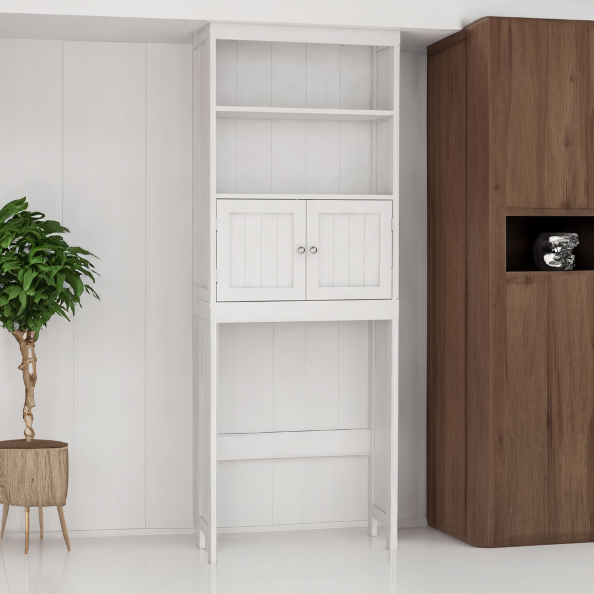 Over The Toilet Rack 2 -Tier Toilet Bathroom Spacesaver Storage Shelf with 2 Doors Wood Storage Organizer Cabinet - Korvel