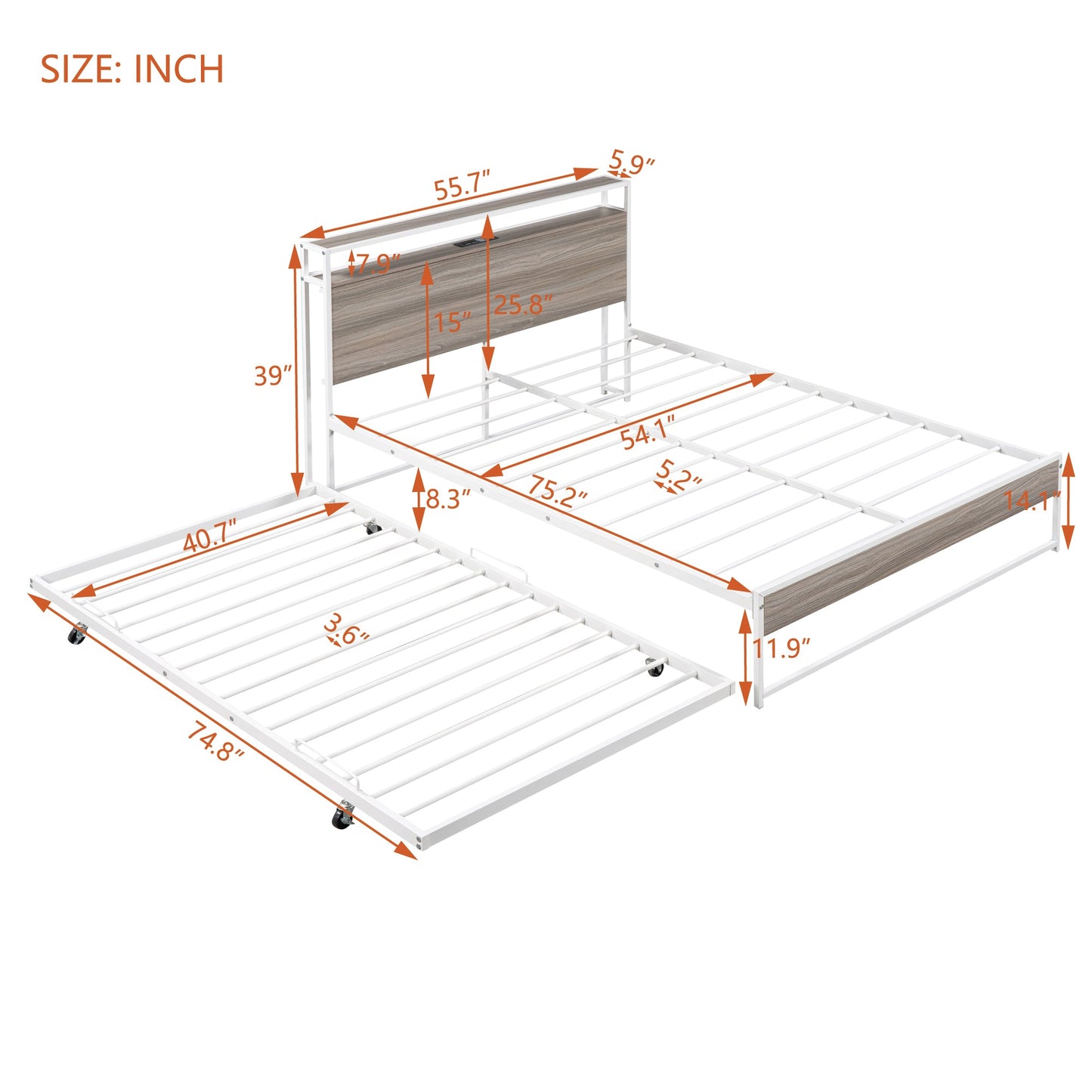 Full Size Metal Platform Bed Frame with Trundle, USB Ports and Slat Support No Box Spring Needed White - Korvel
