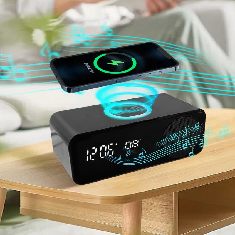Haut-parleur Bluetooth avec chargement sans fil, horloge et thermomètre