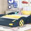 Full Size Race Car-Shaped Platform Bed with Wheels and Storage, Dark Blue+Yellow - Korvel