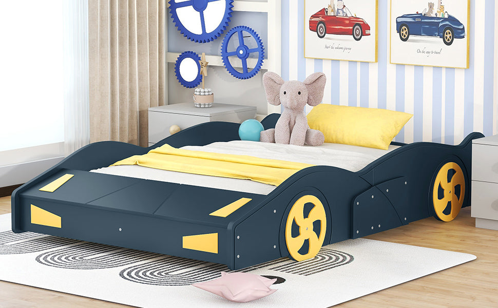 Full Size Race Car-Shaped Platform Bed with Wheels and Storage, Dark Blue+Yellow - Korvel