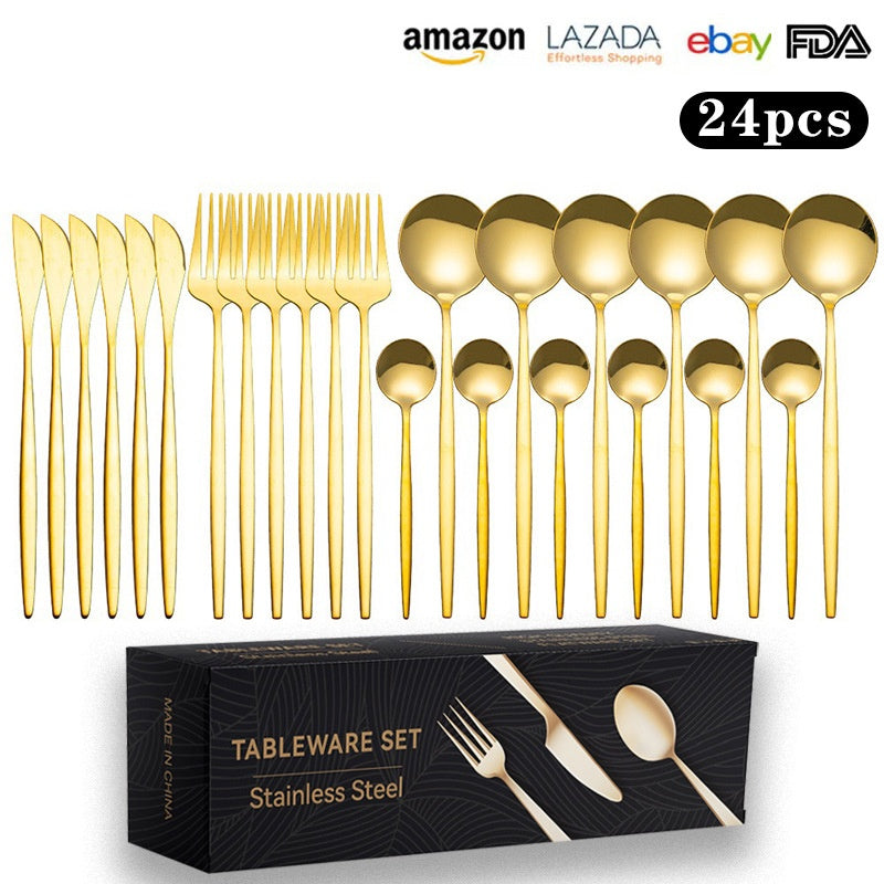 Cutlery Set Stainless Steel Knife Fork Set 24-Piece Tableware Set Golden Steak Knife Fork Spoon 6-Person Set - Korvel