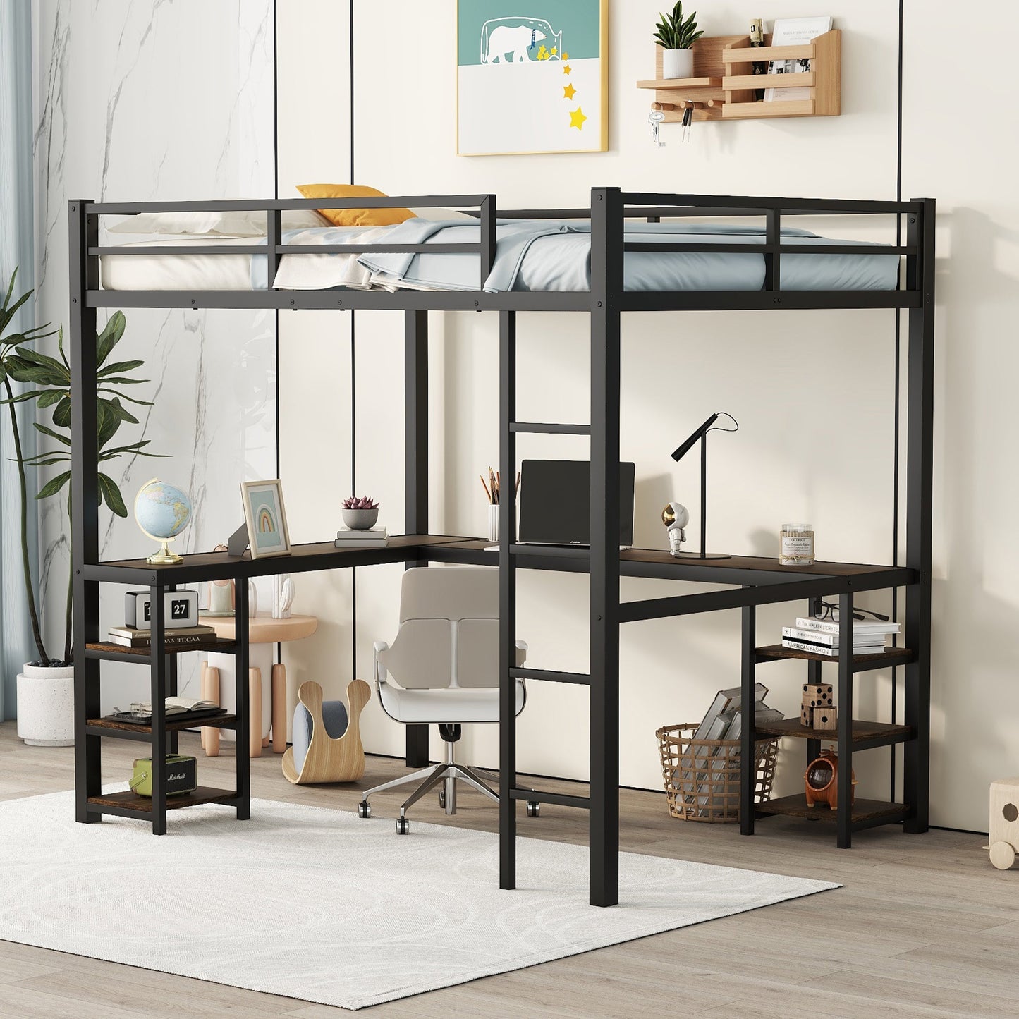Full metal loft bed with desk and shelf, loft bed with ladder and guardrail, black with retro wood desk - Korvel