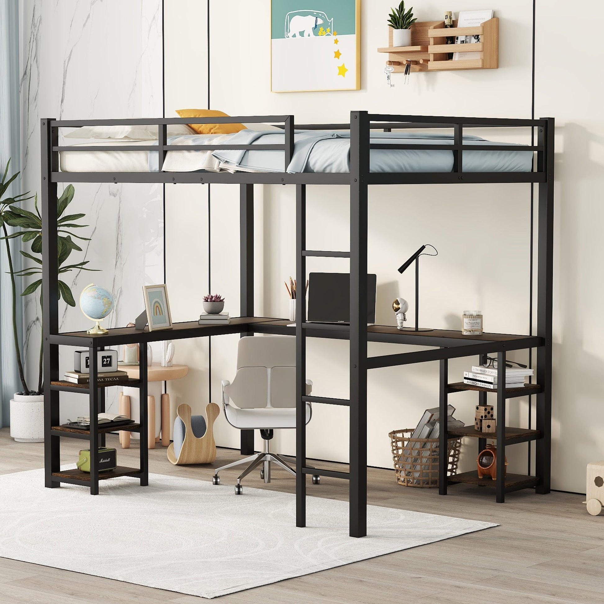 Full metal loft bed with desk and shelf, loft bed with ladder and guardrail, black with retro wood desk - Korvel