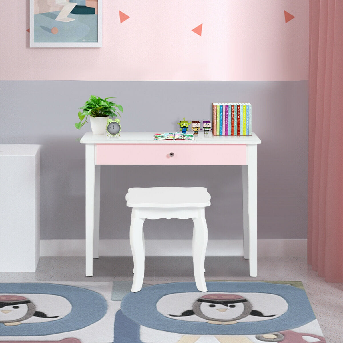 Kids Princess Makeup Dressing Table with Tri-Folding Mirror - White