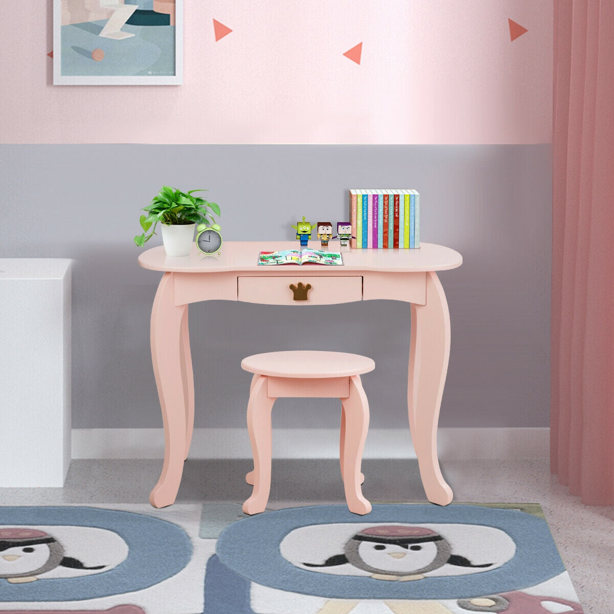 Kids Makeup Dressing Table with Tri-Folding Mirror - Pink