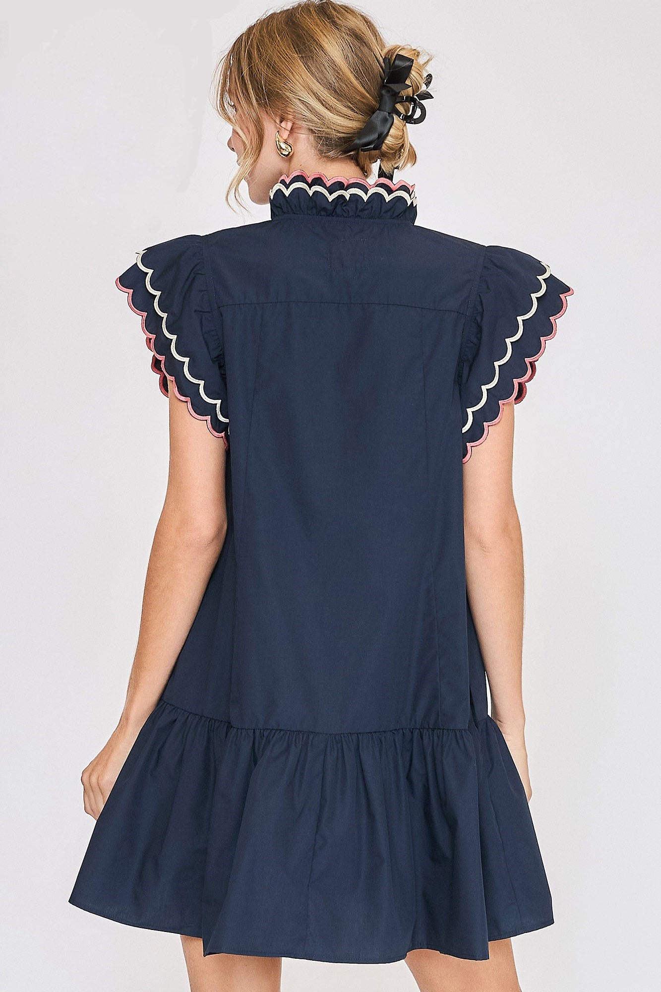 Vestido Elegante de Manga Rizada Talla Grande en Azul Marino