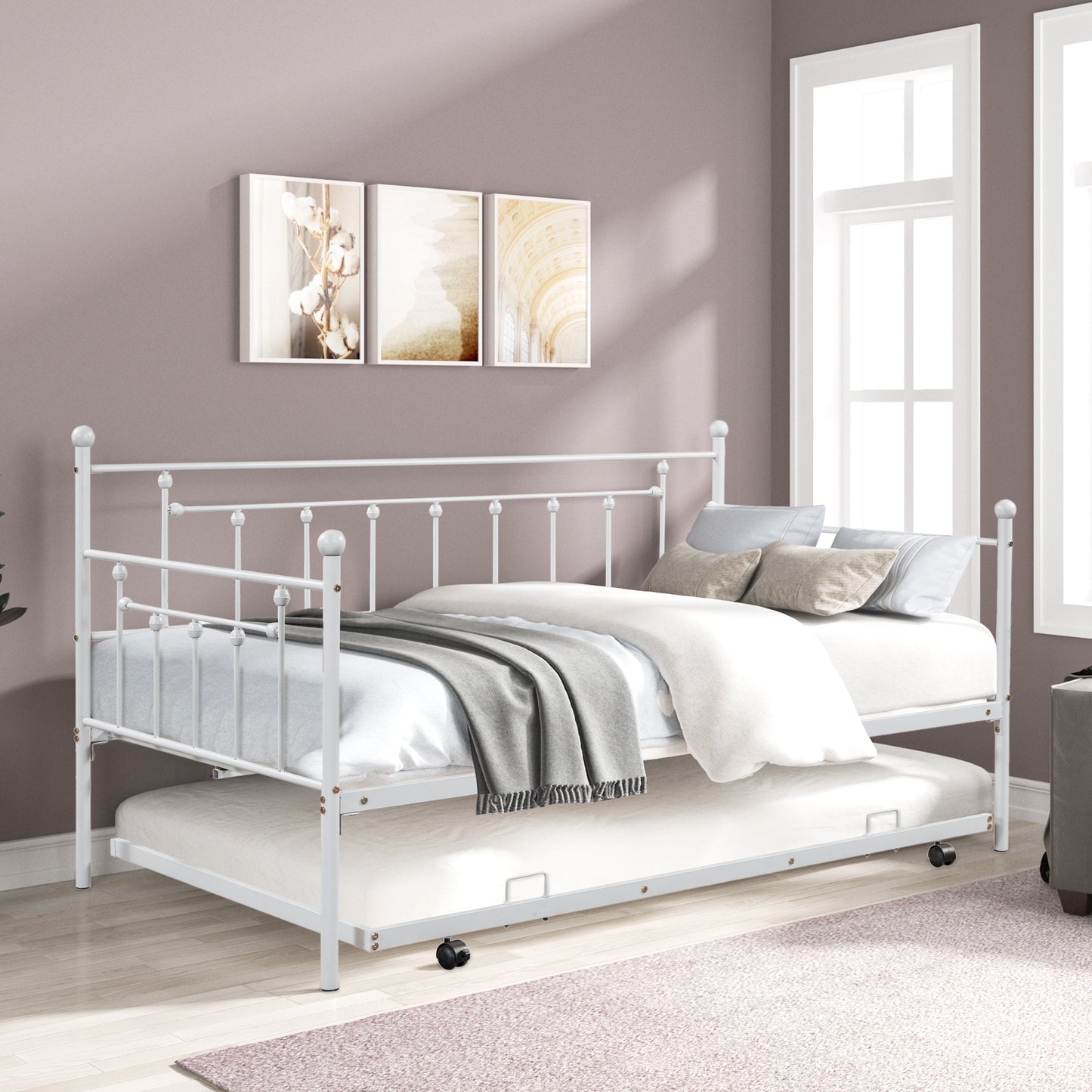 Light Grey Metal Double Bed with Trundle