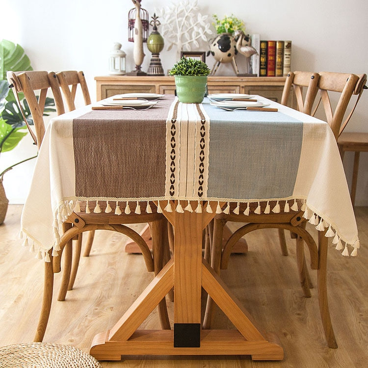 90x90 cm Plaid Decorative Linen Tablecloth with Tassels