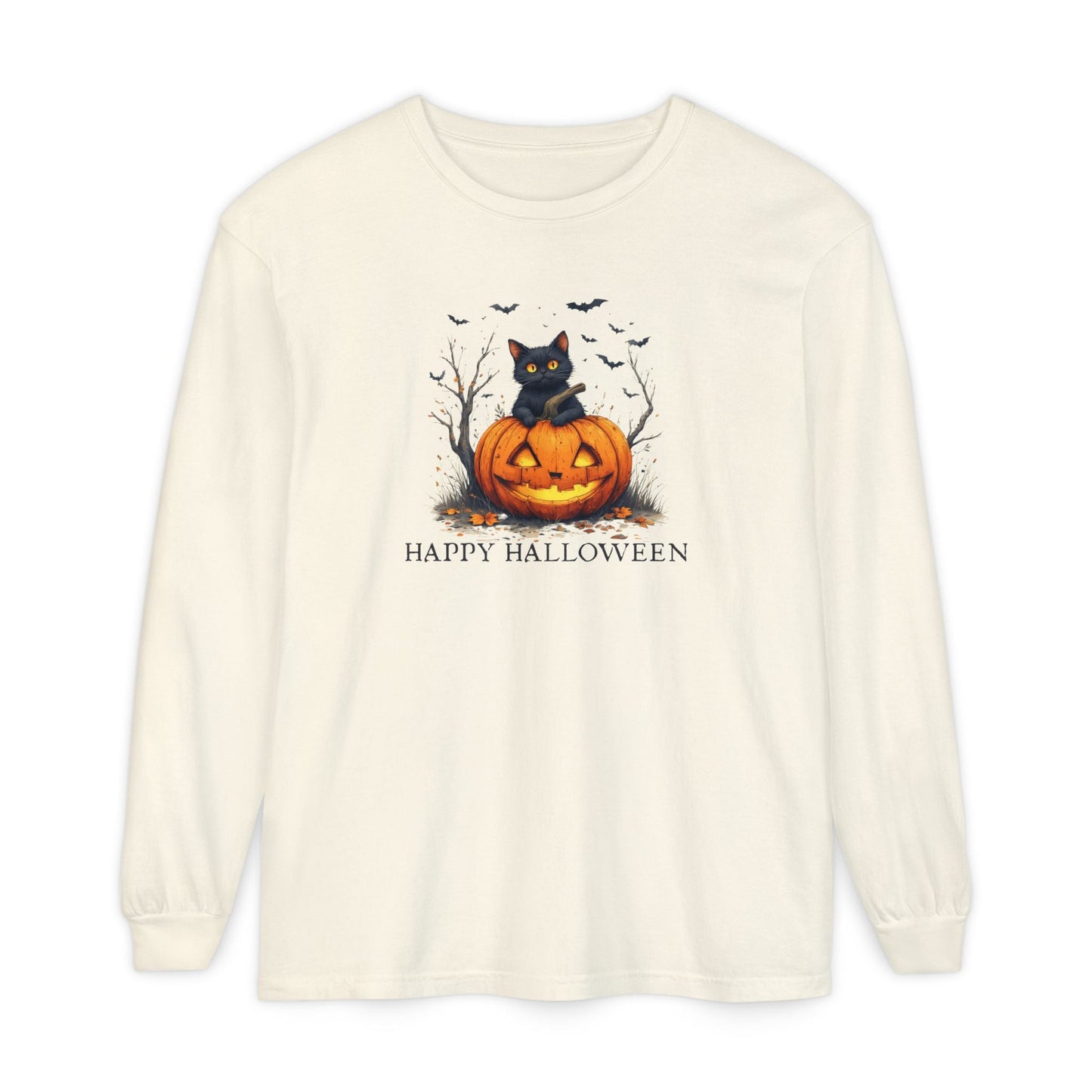 Happy Halloween Cat Long Sleeve Tee for Cat Lovers