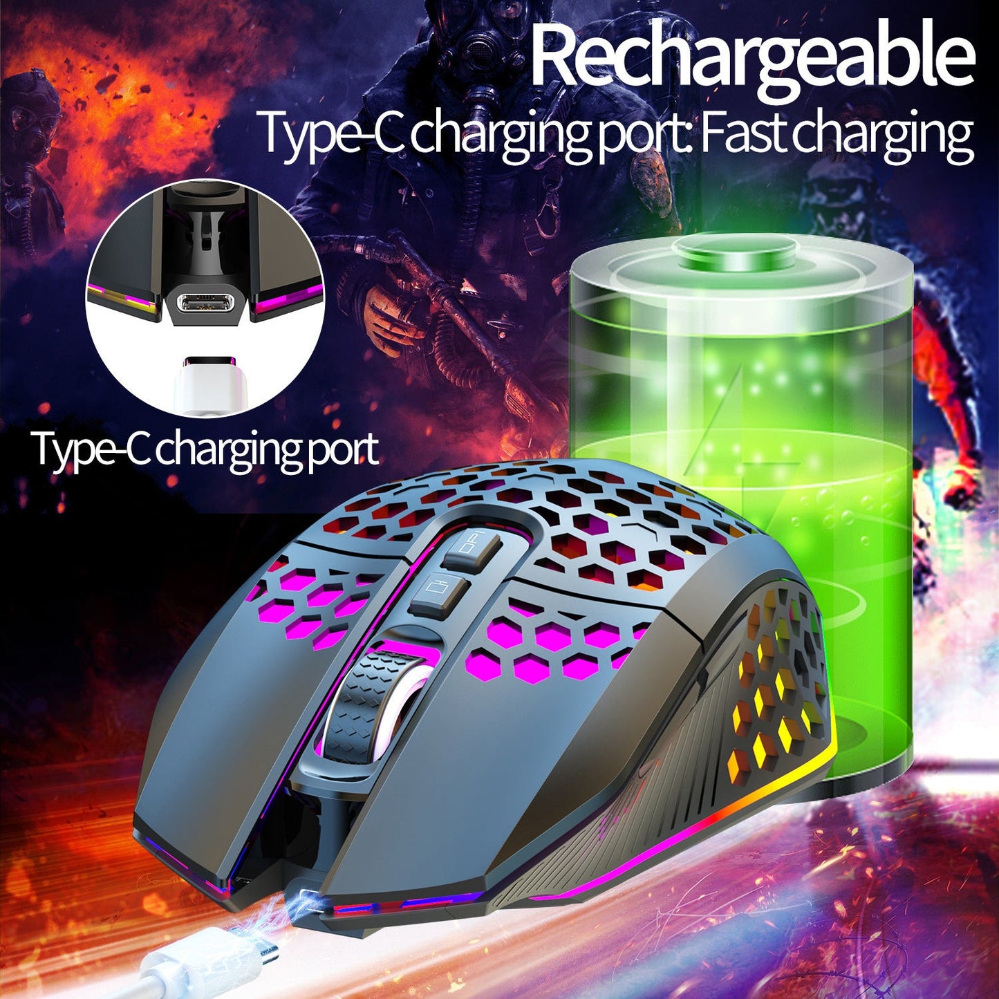 Lightweight hollow hole mouse, wireless rechargeable gaming light emitting computer, laptop, office mouse - Korvel