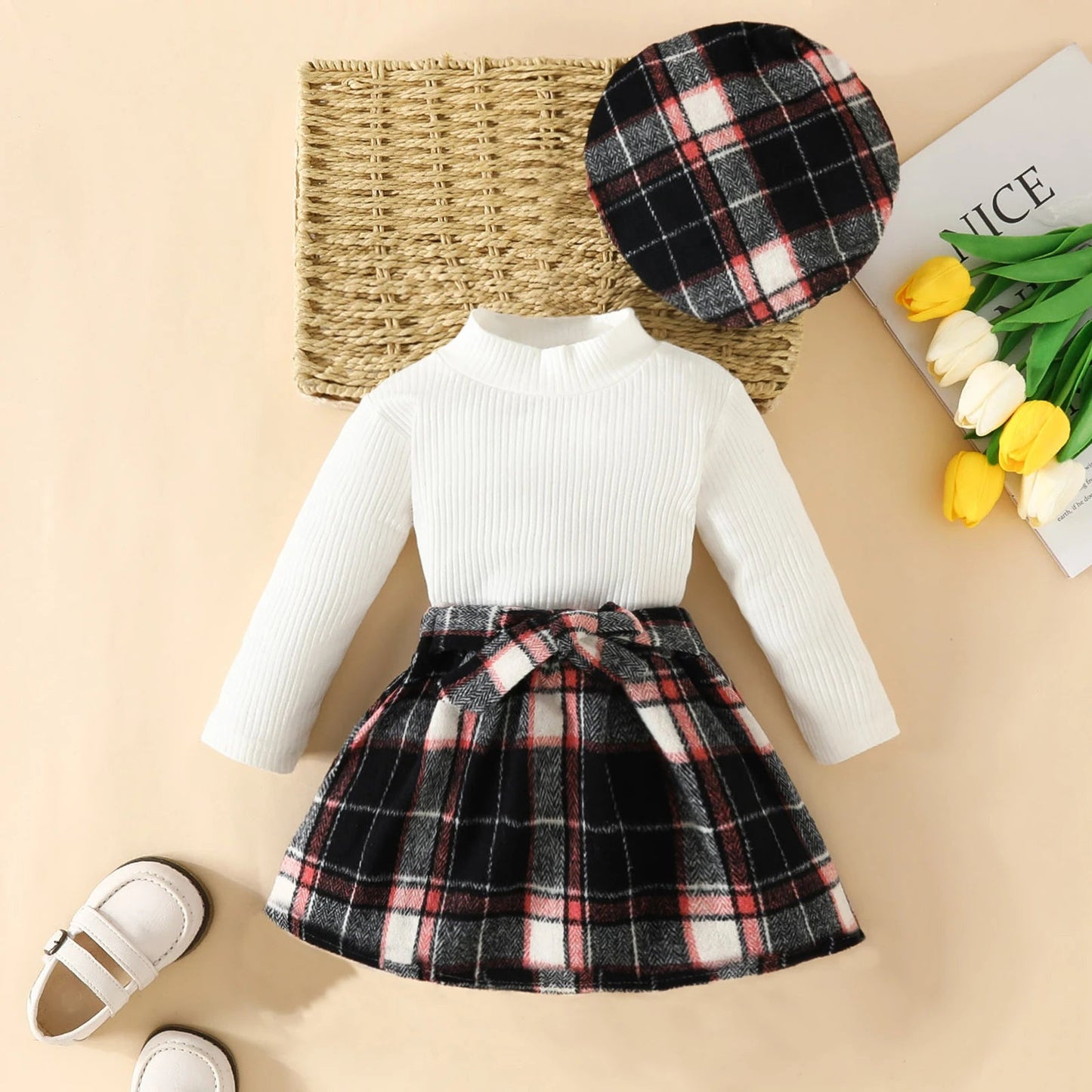 ma&baby Toddler Girls Knit Outfit Set with Plaid Skirt