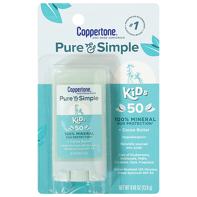 Stick de protector solar Coppertone Pure & Simple para niños, SPF 50, 0.49 oz