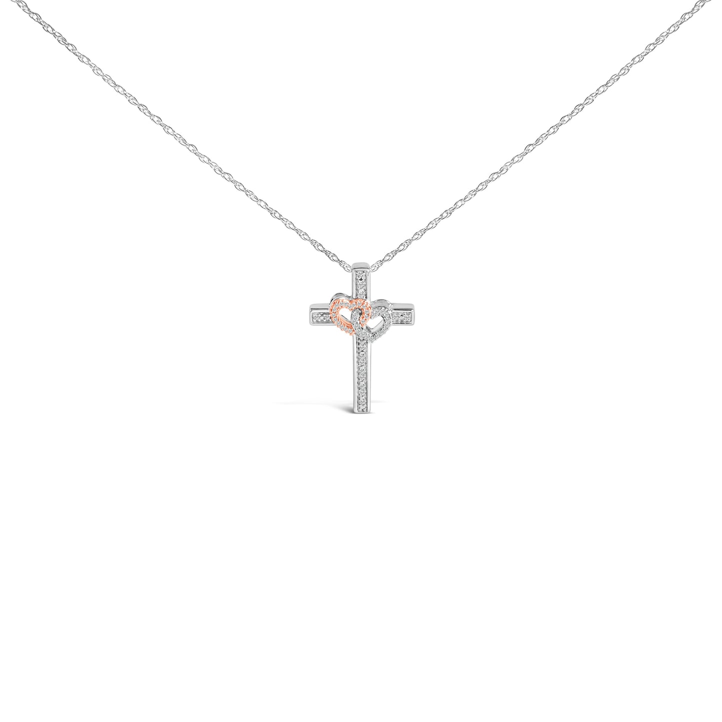 Collier Pendentif Croix et Cœur en Or Rose 14K Plaqué Diamant
