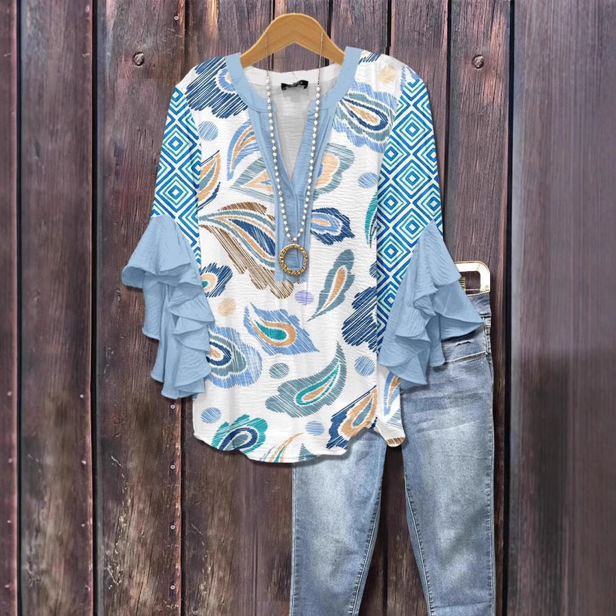 Camiseta de Moda con Escote en V y Detalle de Loto para Mujeres